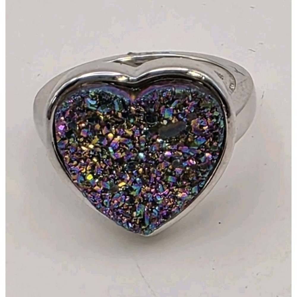 Rainbow Drusy Agate Heart Sterling Silver TGGC Vintage Ring Sz 7 Brazil Boho 925 - Picture 5 of 16